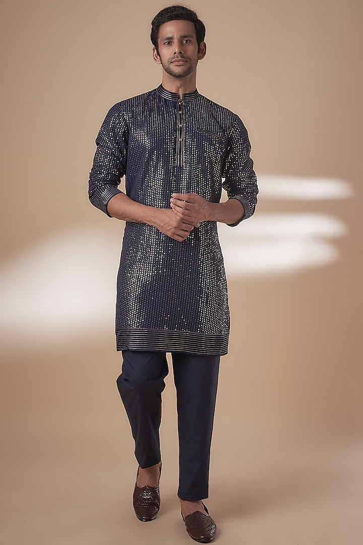 Blue Viscose Silk Anchor Embroidered Sequins Kurta Set by AJAY KMR