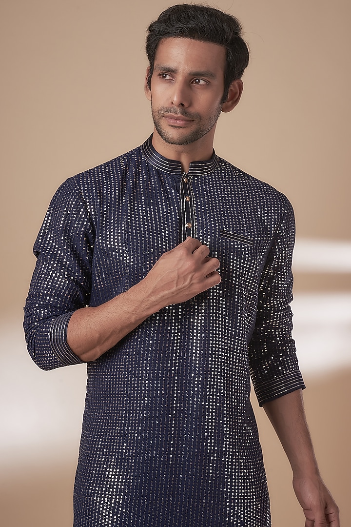 Blue Viscose Silk Anchor Embroidered Sequins Kurta Set by AJAY KMR at Pernia's Pop Up Shop