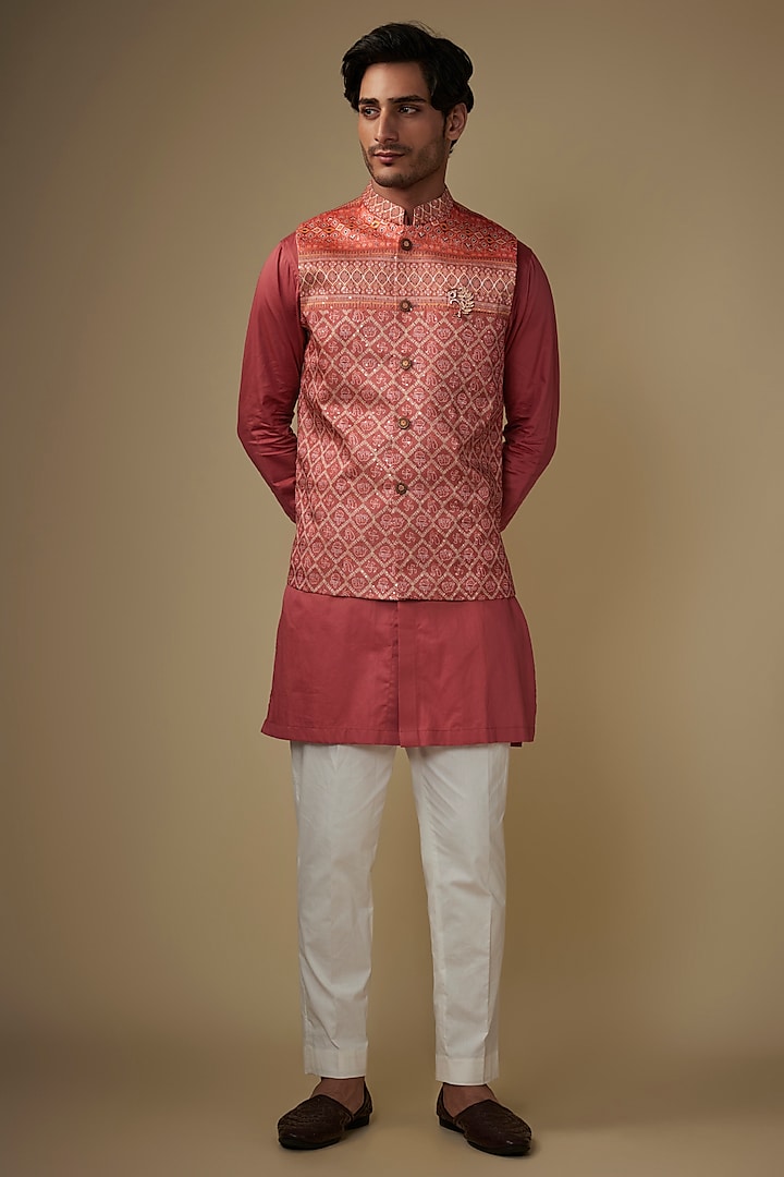 Peach Pink Fine Ruby Silk Glass Sequins Embroidered Bundi Jacket Set by AJAY KMR at Pernia's Pop Up Shop