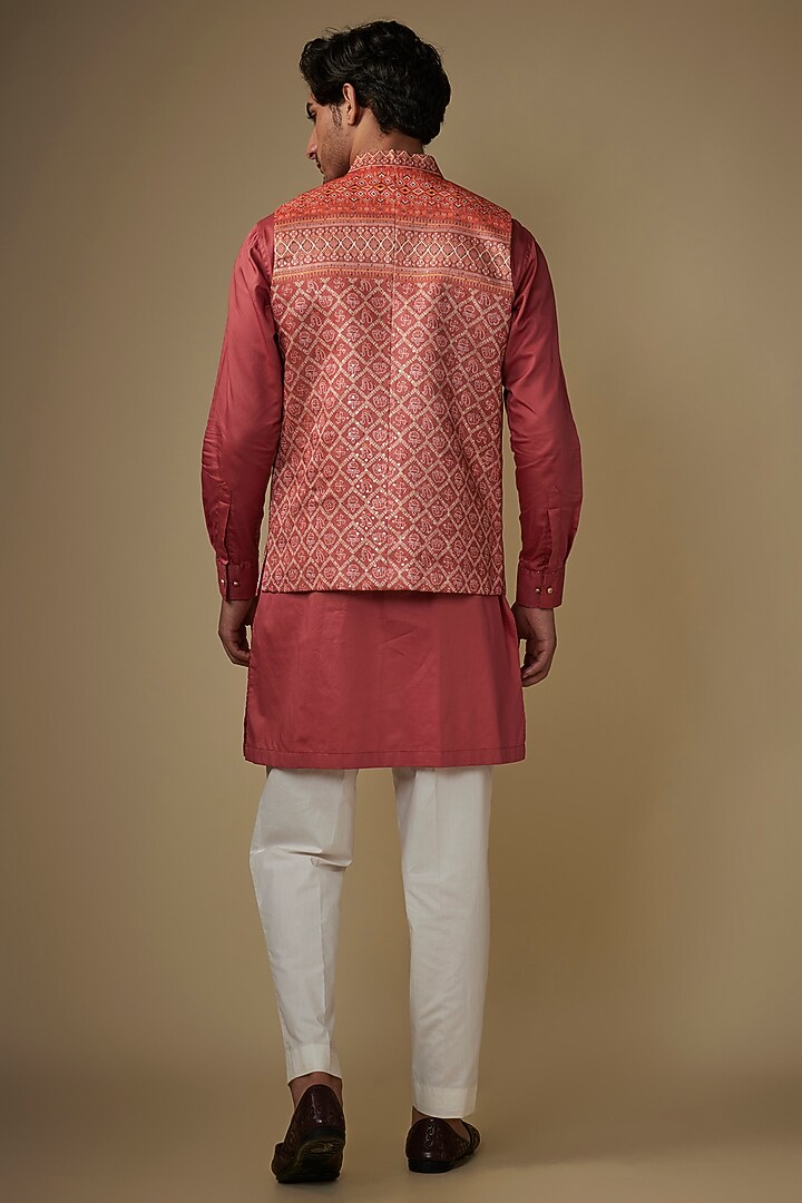 Peach Pink Fine Ruby Silk Glass Sequins Embroidered Bundi Jacket Set by AJAY KMR at Pernia's Pop Up Shop