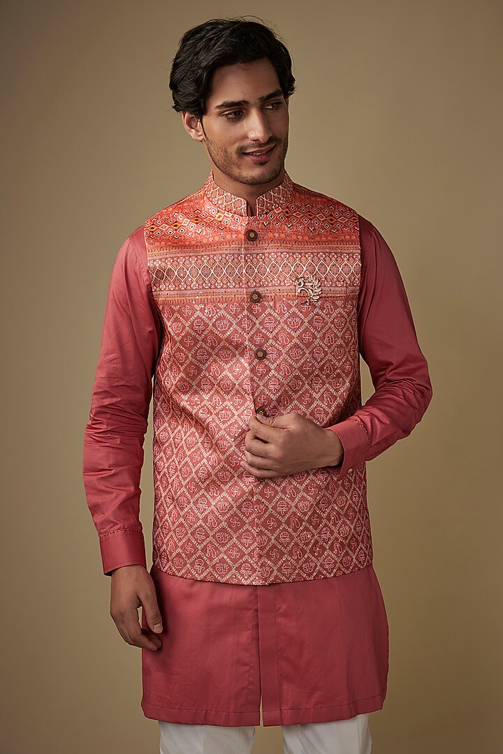 Peach Pink Fine Ruby Silk Glass Sequins Embroidered Bundi Jacket Set by AJAY KMR at Pernia's Pop Up Shop