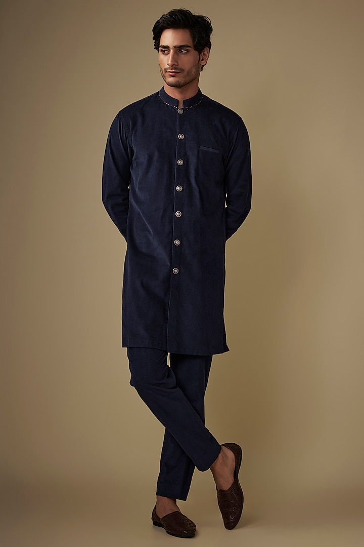 Blue Corduroy Kurta Set by AJAY KMR