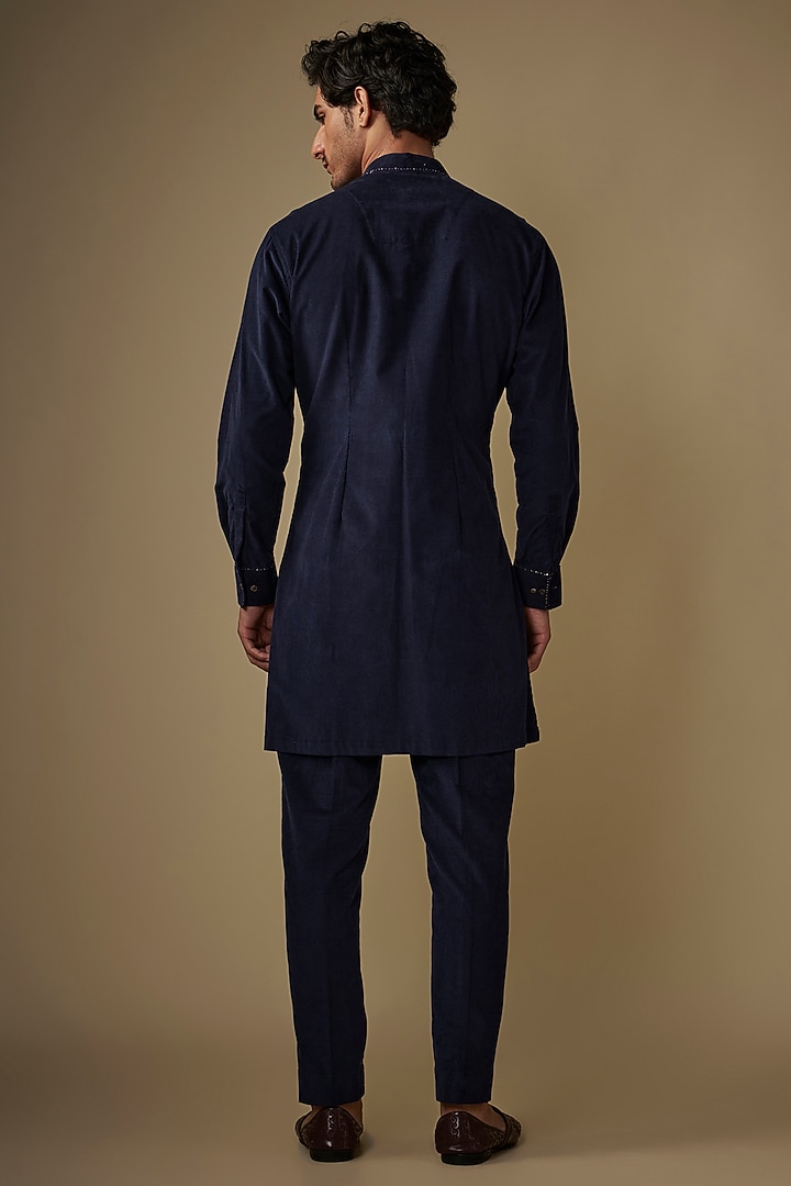 Blue Corduroy Kurta Set by AJAY KMR at Pernia's Pop Up Shop