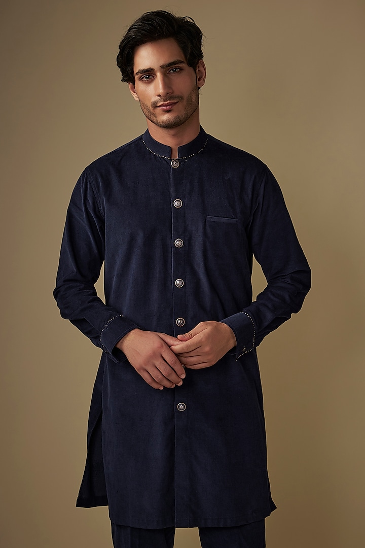 Blue Corduroy Kurta Set by AJAY KMR at Pernia's Pop Up Shop