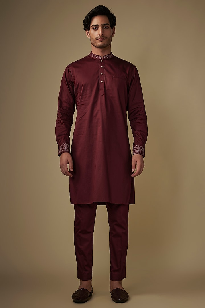 Maroon Corduroy Kurta Set by AJAY KMR at Pernia's Pop Up Shop