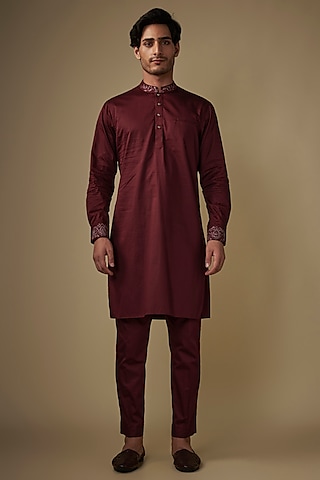 Maroon Corduroy Kurta Set by AJAY KMR