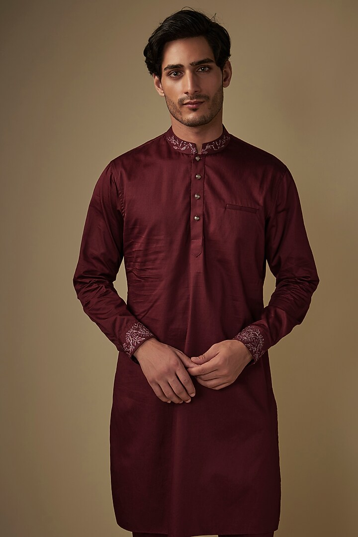 Maroon Corduroy Kurta Set by AJAY KMR at Pernia's Pop Up Shop