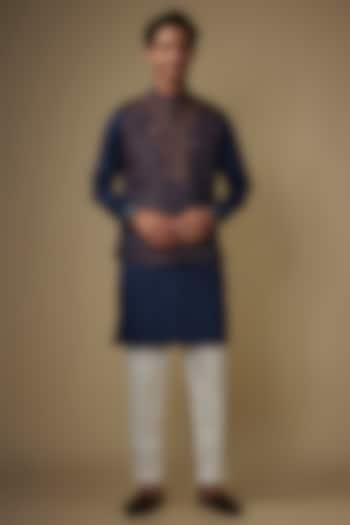 Blue Twill Cotton Brocade Hand & Machine Embroidered Bundi Jacket Set by AJAY KMR