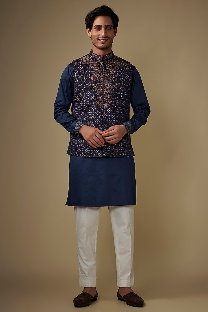 Blue Twill Cotton Brocade Hand & Machine Embroidered Bundi Jacket Set by AJAY KMR