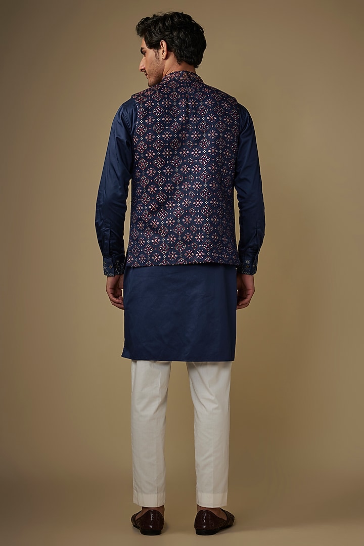 Blue Twill Cotton Brocade Hand & Machine Embroidered Bundi Jacket Set by AJAY KMR at Pernia's Pop Up Shop