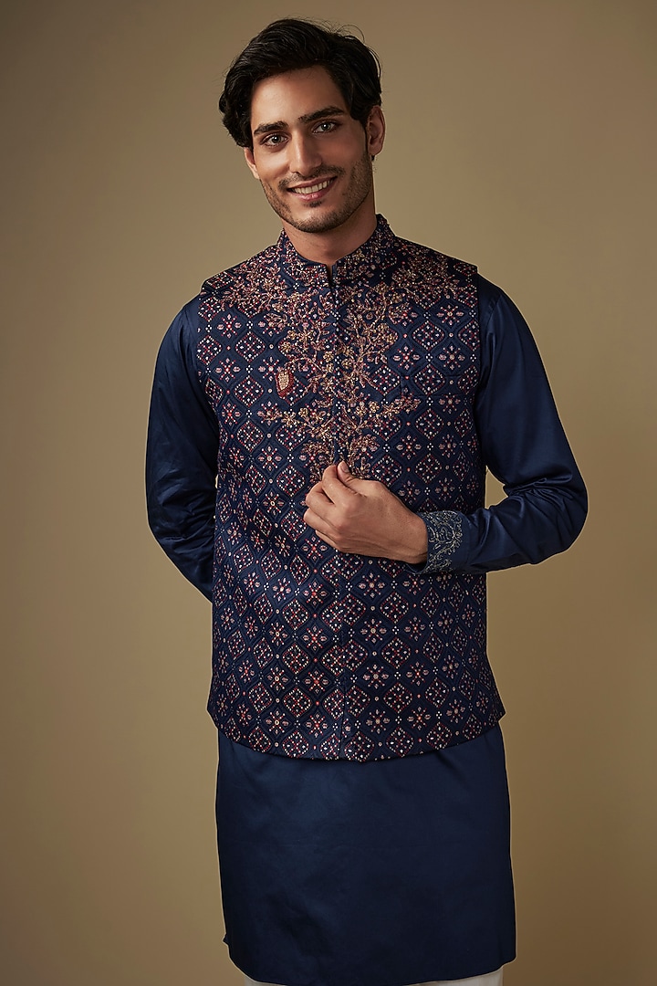 Blue Twill Cotton Brocade Hand & Machine Embroidered Bundi Jacket Set by AJAY KMR at Pernia's Pop Up Shop