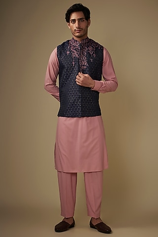 Multi-Colored Twill Cotton Silk Abstract Printed Bundi Jacket Set by AJAY KMR