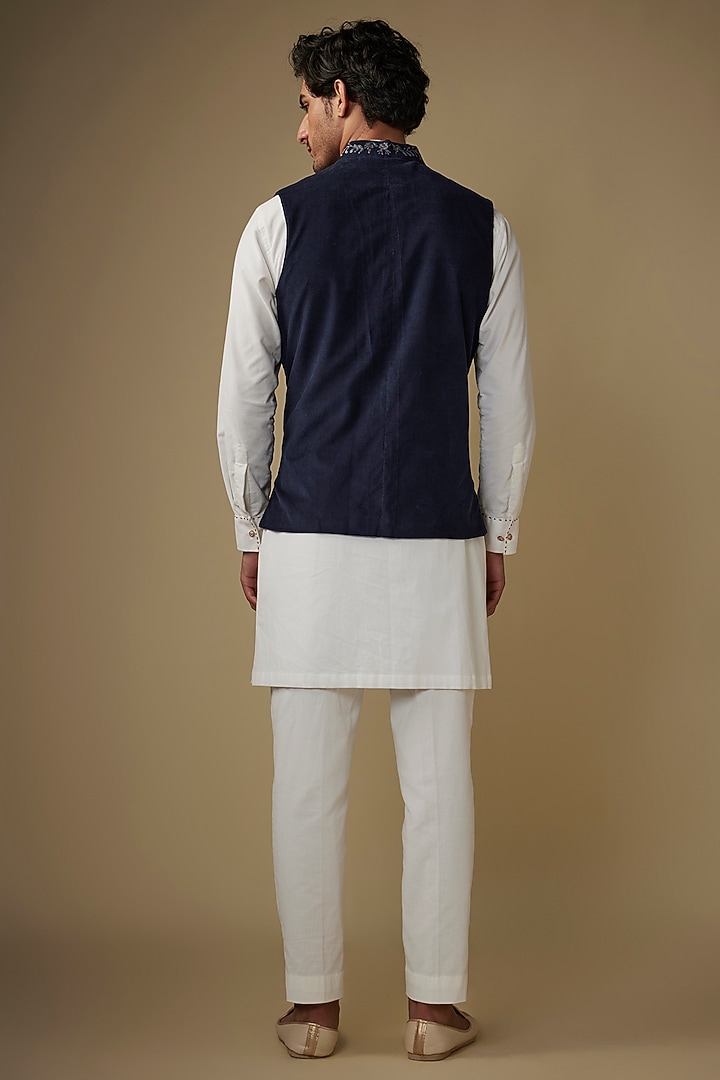 Blue Corduroy Abstract Printed & Embroidered Bundi Jacket Set by AJAY KMR at Pernia's Pop Up Shop