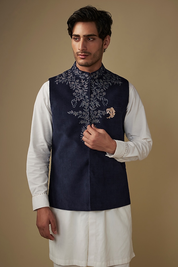 Blue Corduroy Abstract Printed & Embroidered Bundi Jacket Set by AJAY KMR at Pernia's Pop Up Shop