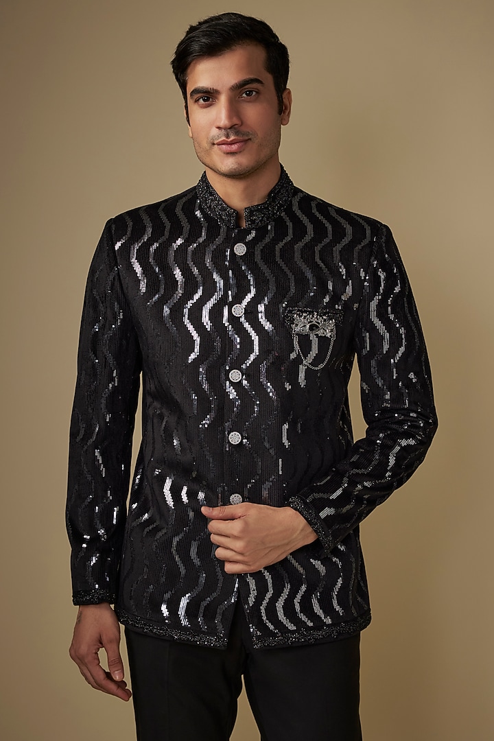 Black Sequins Hand & Machine Embroidered Jodhpuri Set by AJAY KMR at Pernia's Pop Up Shop