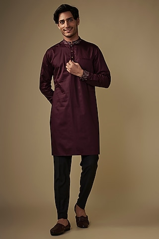 Wine Twill Cotton Kurta Set by AJAY KMR