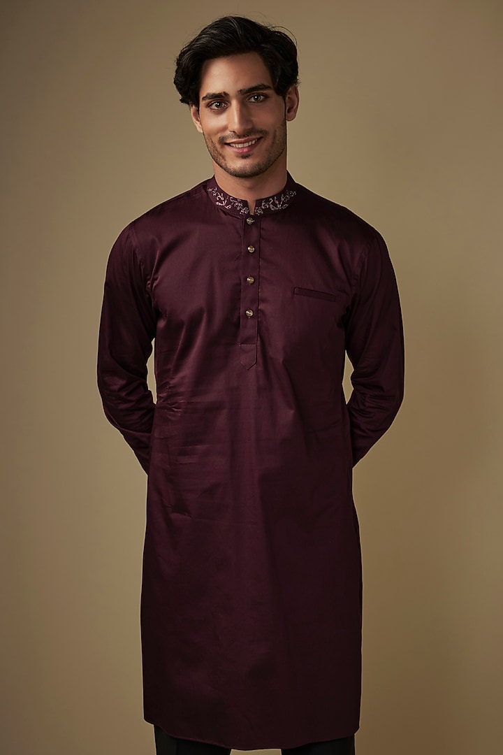 Wine Twill Cotton Kurta Set by AJAY KMR at Pernia's Pop Up Shop