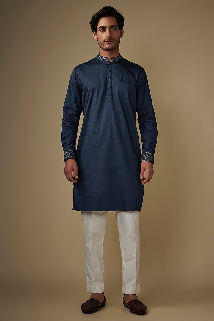 Blue Twill Cotton Kurta Set by AJAY KMR at Pernia's Pop Up Shop