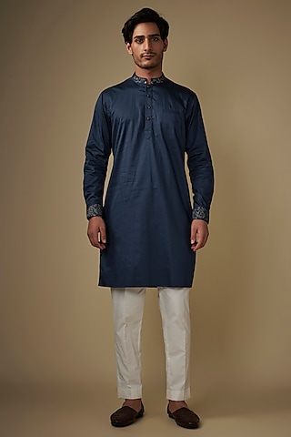 Blue Twill Cotton Kurta Set by AJAY KMR