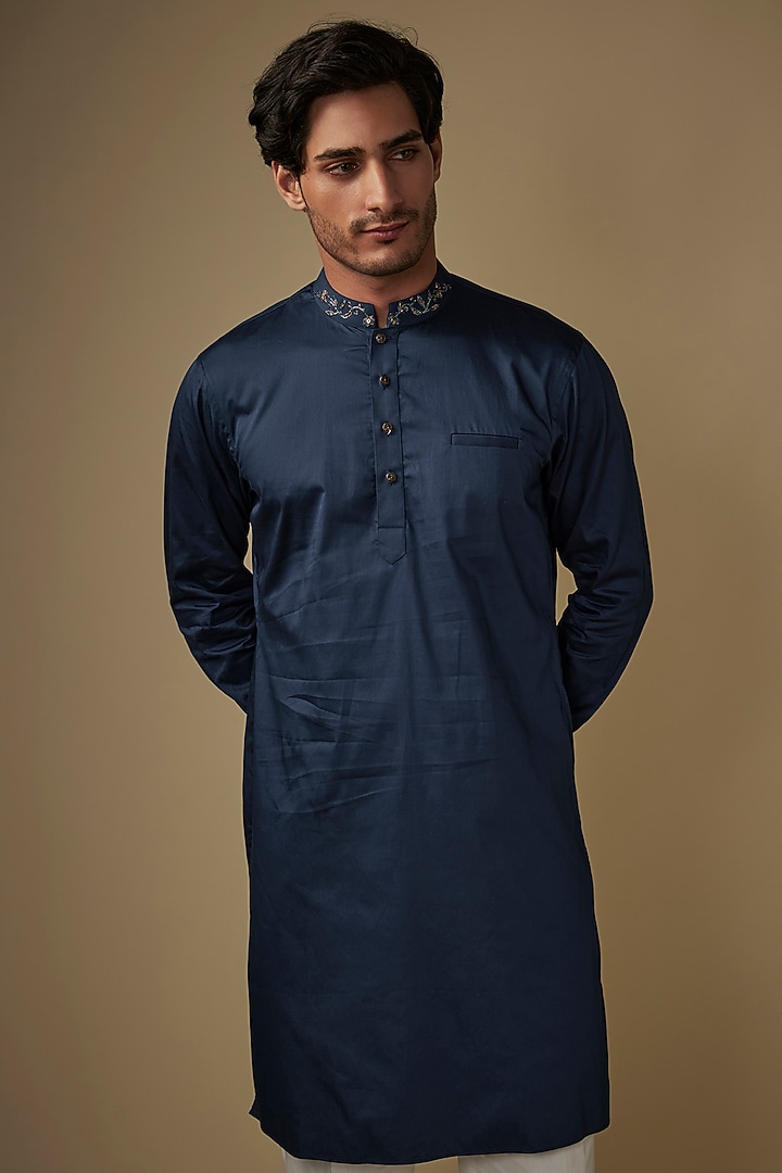 Blue Twill Cotton Kurta Set by AJAY KMR at Pernia's Pop Up Shop