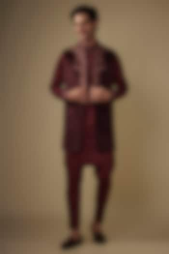 Maroon Velvet Hand & Machine Embroidered Long Jacket Set by AJAY KMR at Pernia's Pop Up Shop