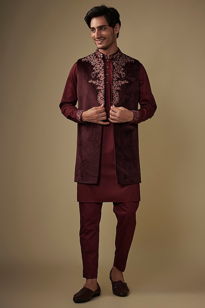 Maroon Velvet Hand & Machine Embroidered Long Jacket Set by AJAY KMR at Pernia's Pop Up Shop