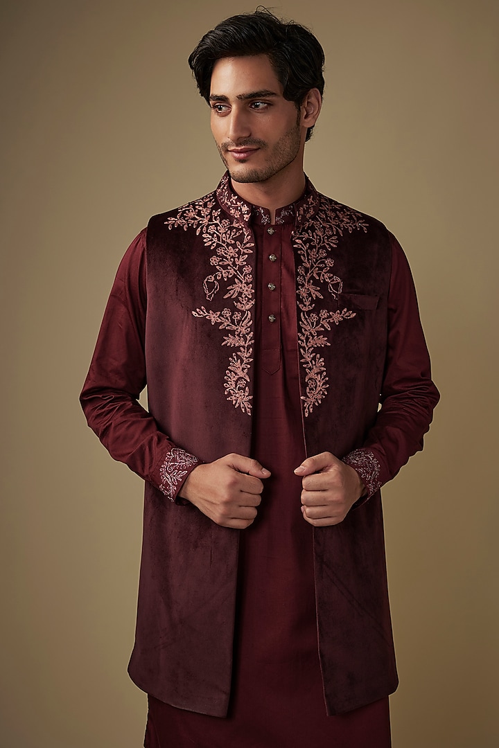 Maroon Velvet Hand & Machine Embroidered Long Jacket Set by AJAY KMR at Pernia's Pop Up Shop