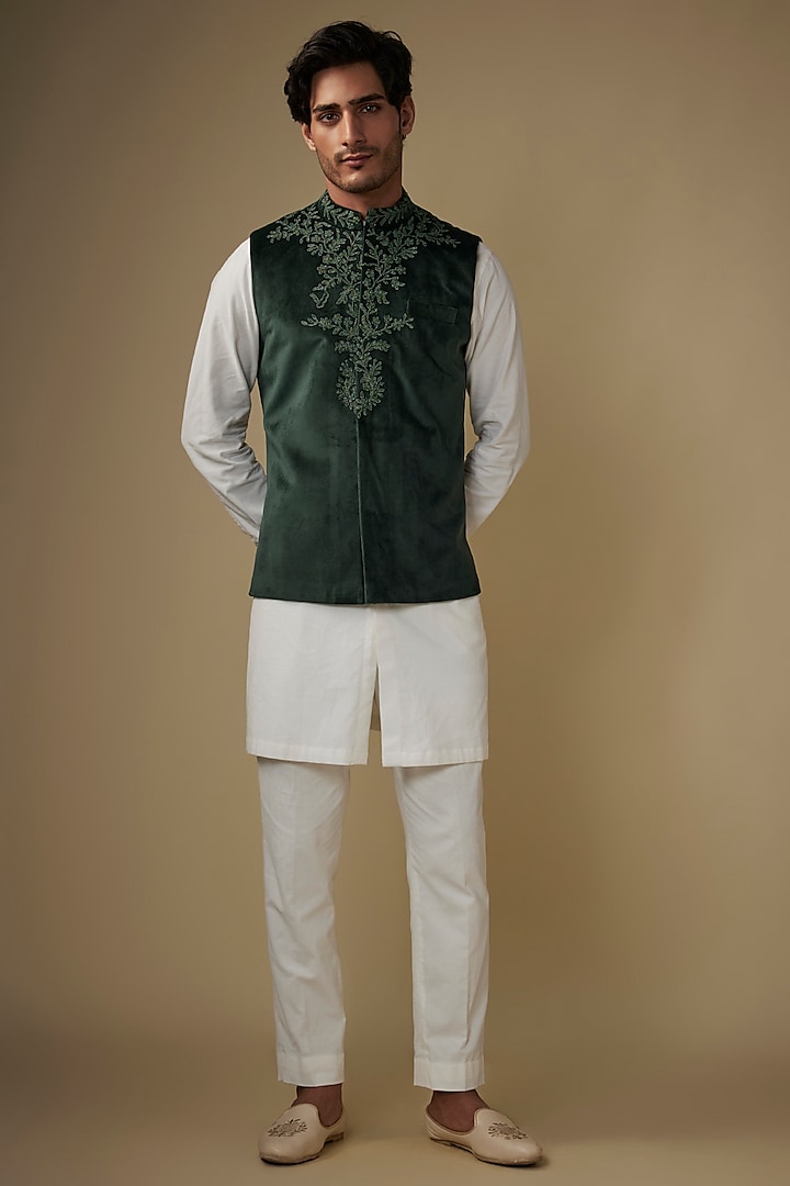 Green Corduroy Velvet Hand & Machine Embroidered Bundi Jacket Set by AJAY KMR