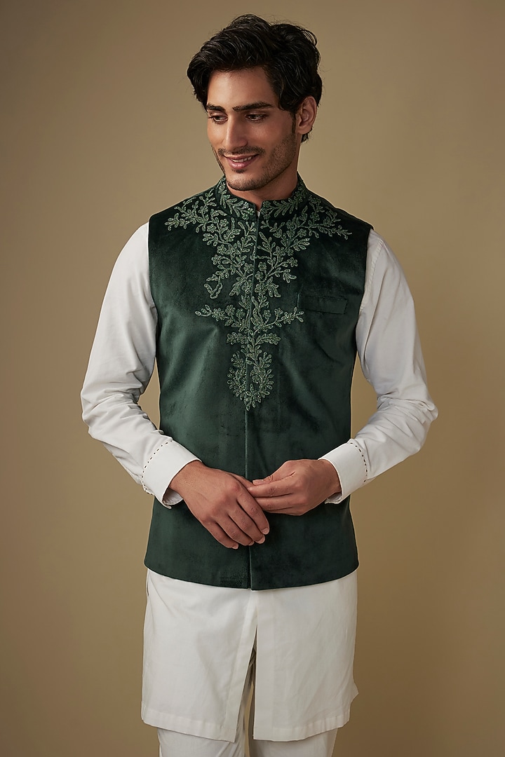Green Corduroy Velvet Hand & Machine Embroidered Bundi Jacket Set by AJAY KMR at Pernia's Pop Up Shop