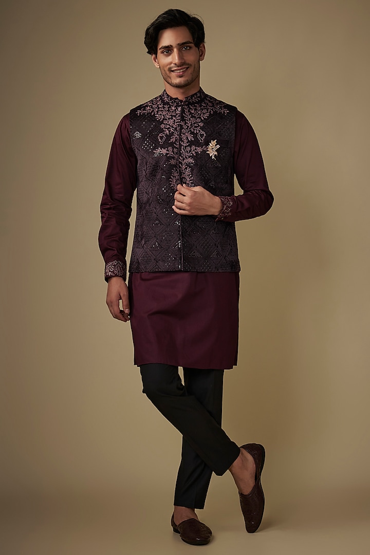 Wine Velvet Abstract Printed & Hand Embroidered Bundi Jacket Set by AJAY KMR