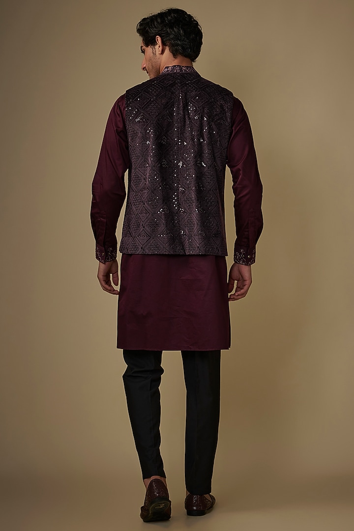 Wine Velvet Abstract Printed & Hand Embroidered Bundi Jacket Set by AJAY KMR at Pernia's Pop Up Shop