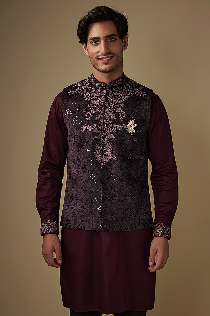 Wine Velvet Abstract Printed & Hand Embroidered Bundi Jacket Set by AJAY KMR at Pernia's Pop Up Shop