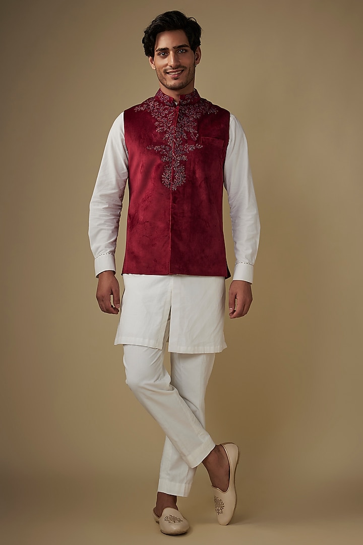 Maroon Corduroy Velvet Abstract Printed & Hand Embroidered Bundi Jacket Set by AJAY KMR