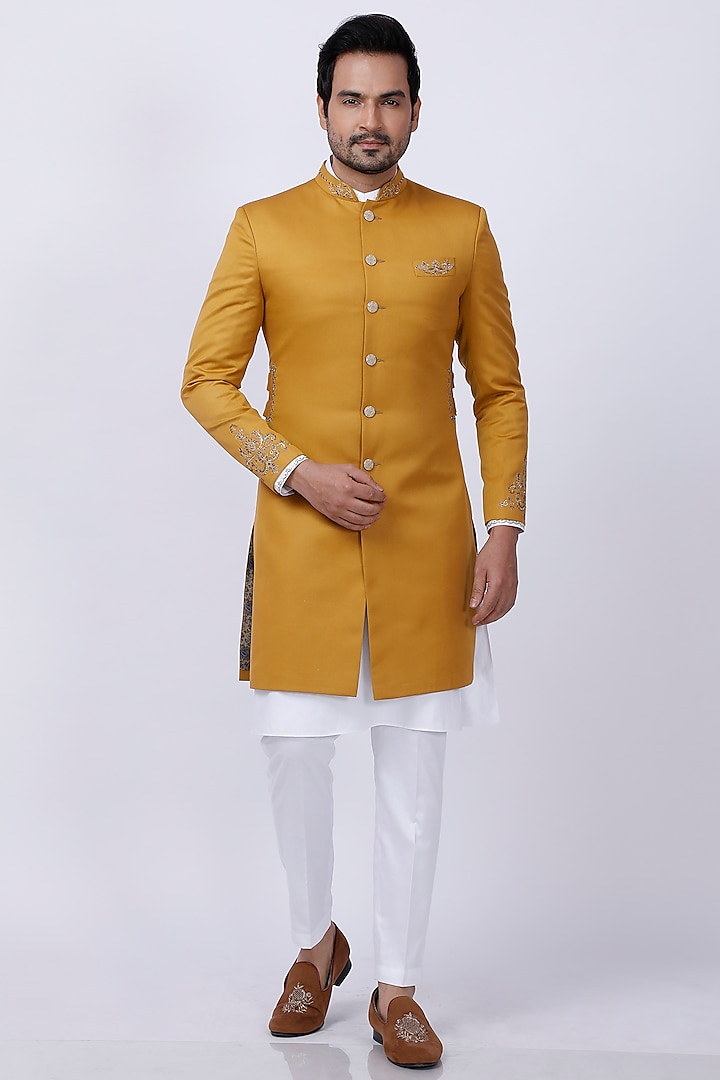 Yellow Embroidered Sherwani Set by AJAY KMR