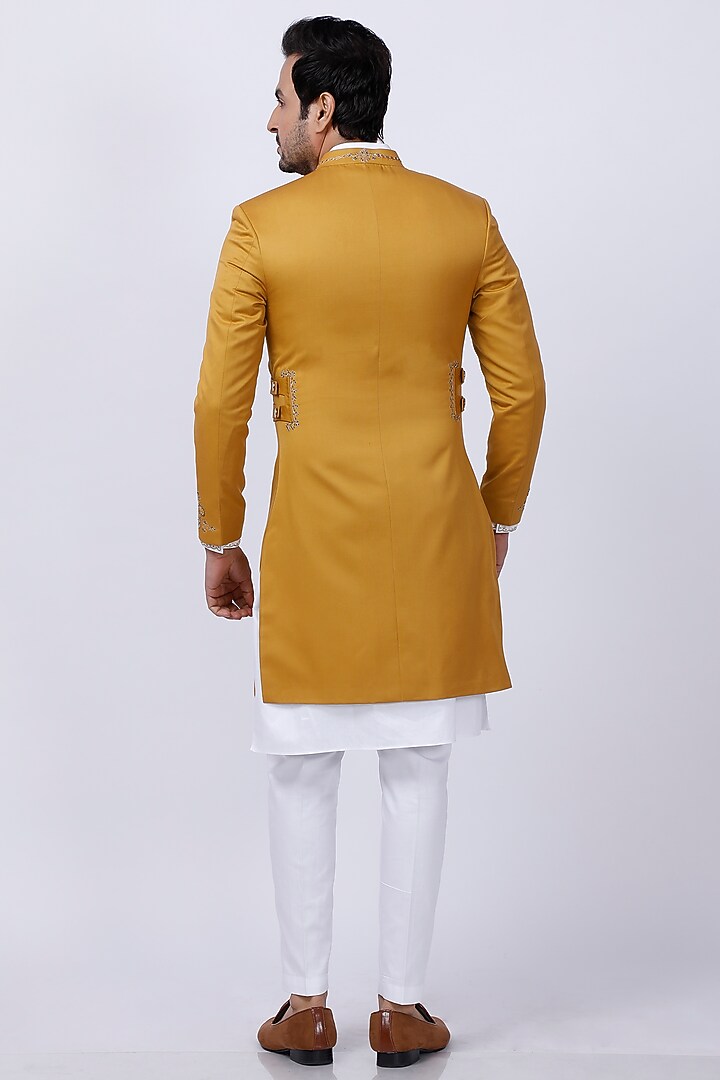 Yellow Embroidered Wedding Sherwani Set by AJAY KMR at Pernia's Pop Up Shop