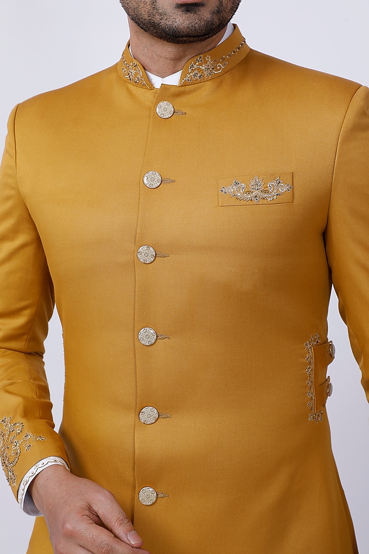 Yellow Embroidered Wedding Sherwani Set by AJAY KMR at Pernia's Pop Up Shop
