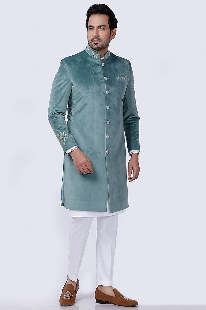 Pista Green Embroidered Sherwani Set by AJAY KMR