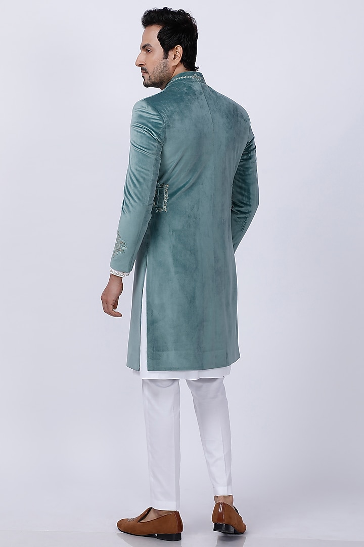 Pista Green Velvet Zardosi Embroidered Wedding Sherwani Set by AJAY KMR at Pernia's Pop Up Shop