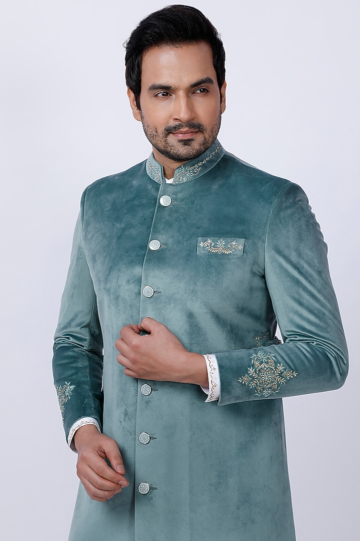 Pista Green Velvet Zardosi Embroidered Wedding Sherwani Set by AJAY KMR at Pernia's Pop Up Shop