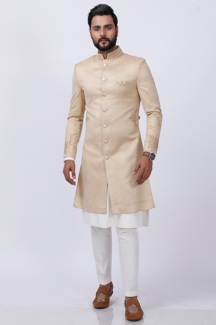 Ivory-Gold Embroidered Sherwani Set by AJAY KMR