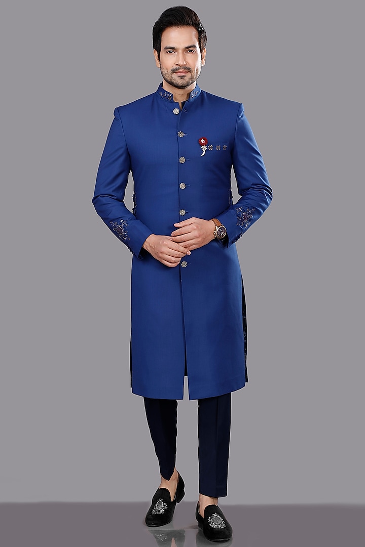 Blue Embroidered Sherwani Set by AJAY KMR