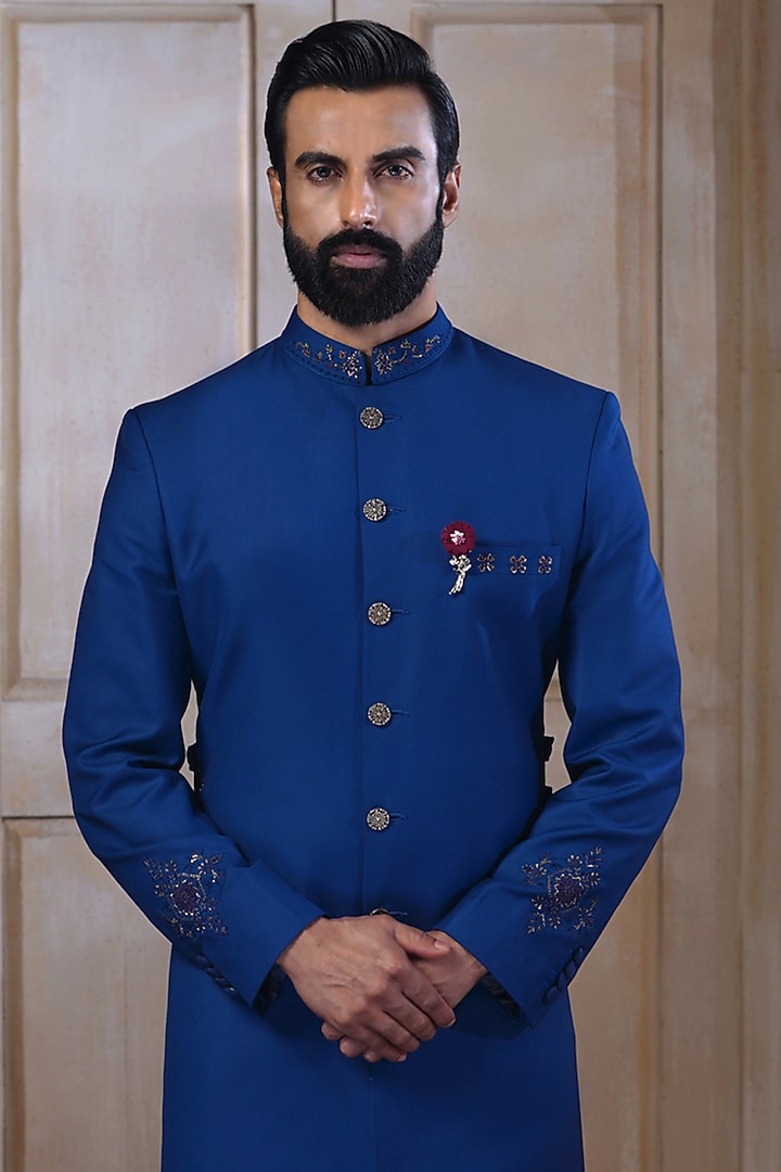 Blue Suiting Zardosi Embroidered Wedding Sherwani Set by AJAY KMR at Pernia's Pop Up Shop