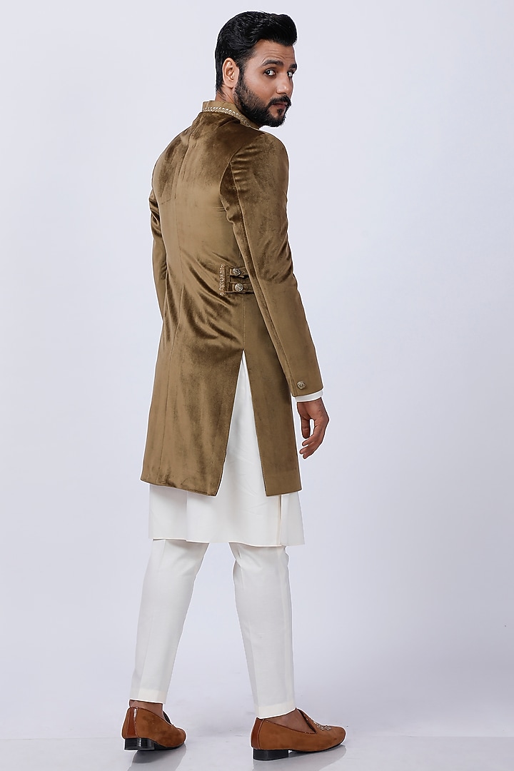 Gold Velvet Embroidered Wedding Sherwani Set by AJAY KMR at Pernia's Pop Up Shop