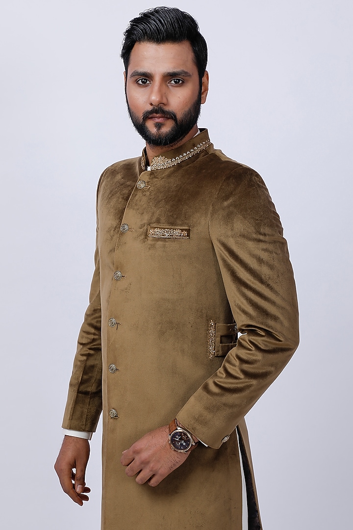 Gold Velvet Embroidered Wedding Sherwani Set by AJAY KMR at Pernia's Pop Up Shop