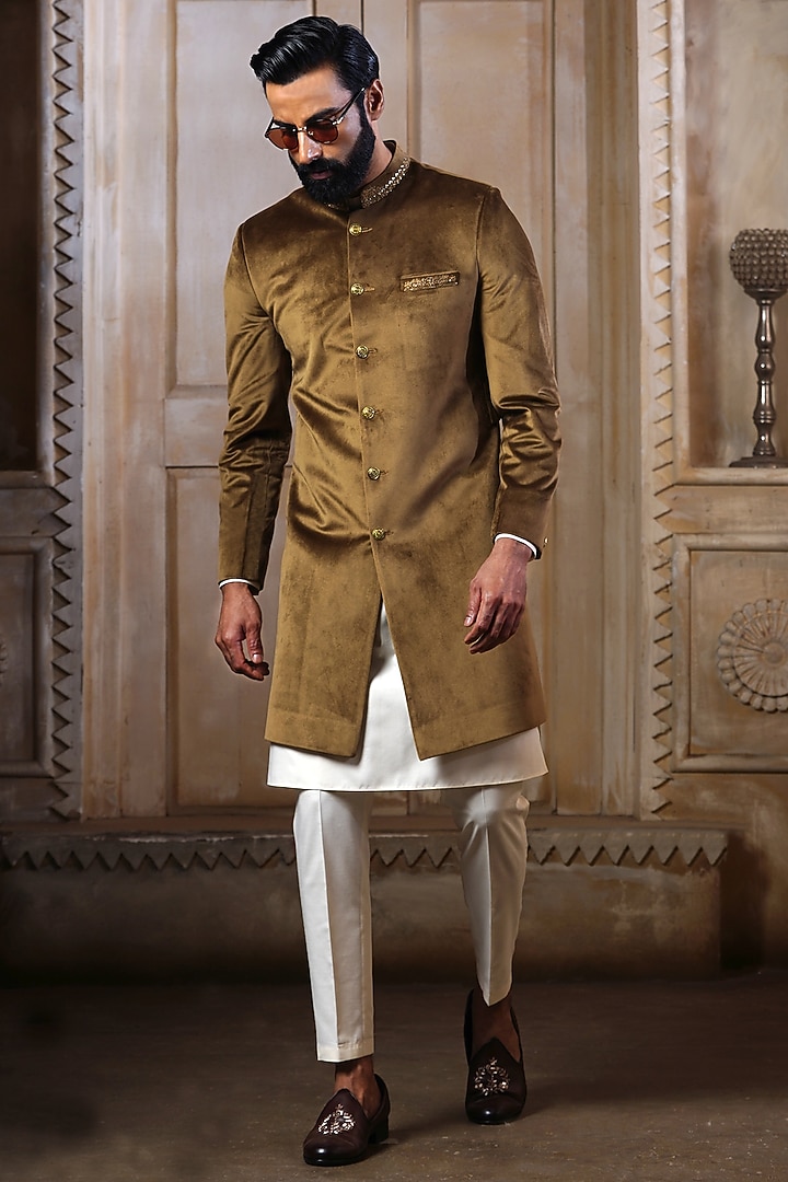 Gold Velvet Embroidered Wedding Sherwani Set by AJAY KMR at Pernia's Pop Up Shop