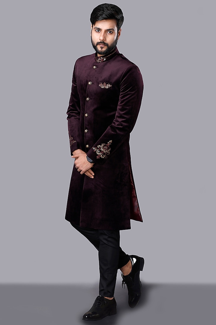 Wine Embroidered Sherwani Set by AJAY KMR
