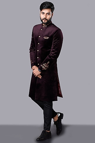Wine Velvet Zardosi Embroidered Sherwani Set by AJAY KMR