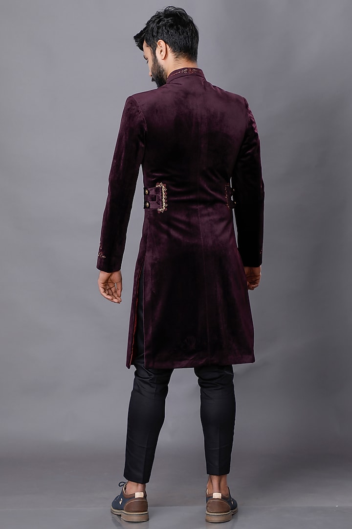 Wine Velvet Zardosi Embroidered Wedding Sherwani Set by AJAY KMR at Pernia's Pop Up Shop