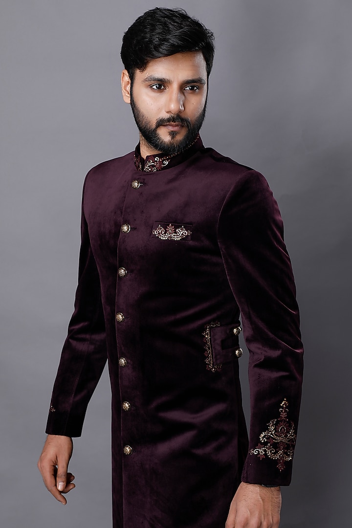 Wine Velvet Zardosi Embroidered Wedding Sherwani Set by AJAY KMR at Pernia's Pop Up Shop