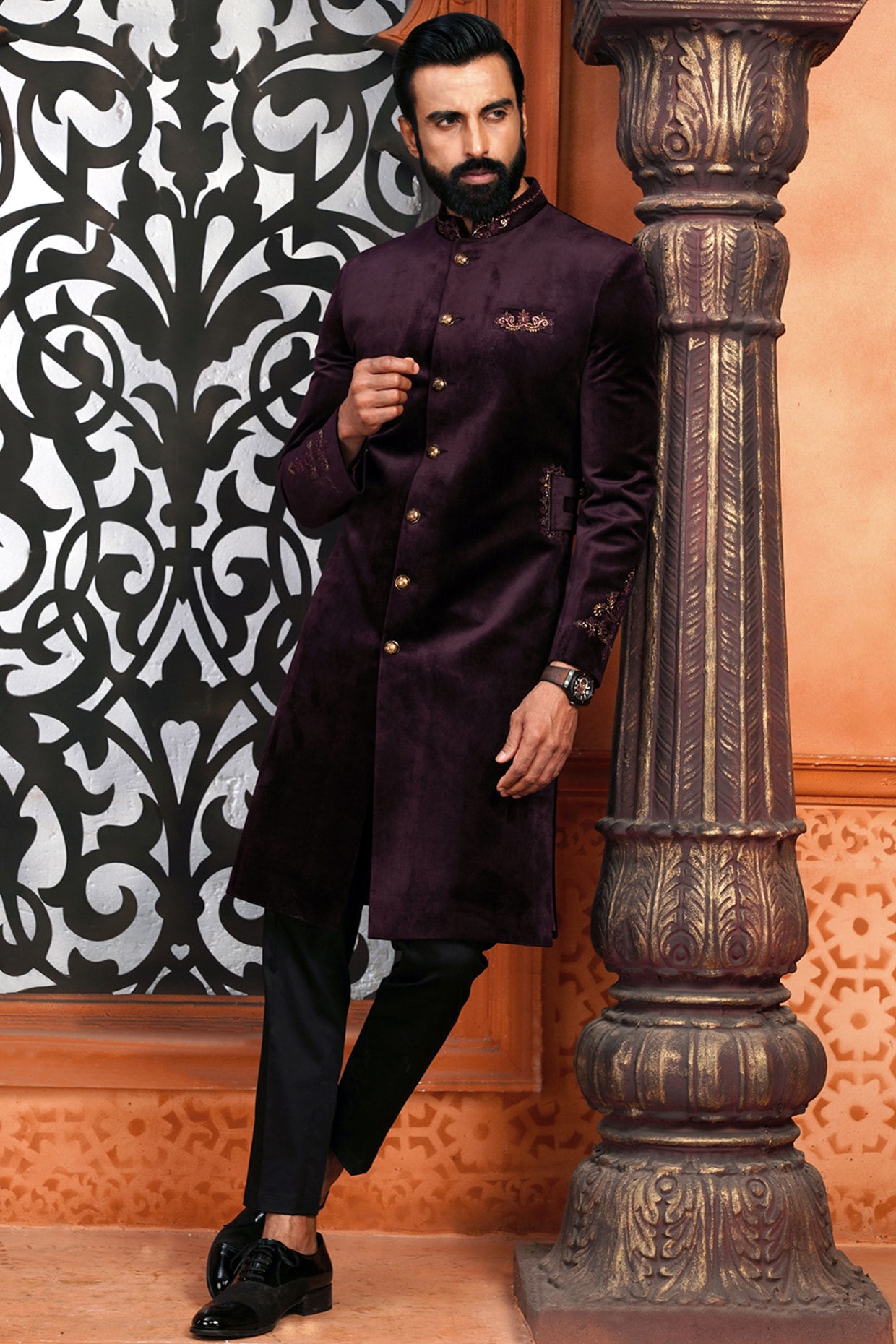 Wine deals colour sherwani